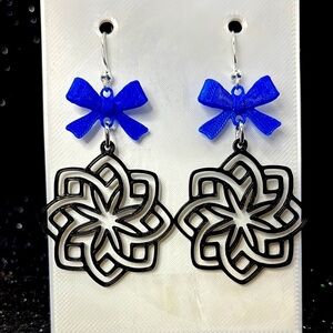Geometric Black and Blue Bow Dangle Earrings
